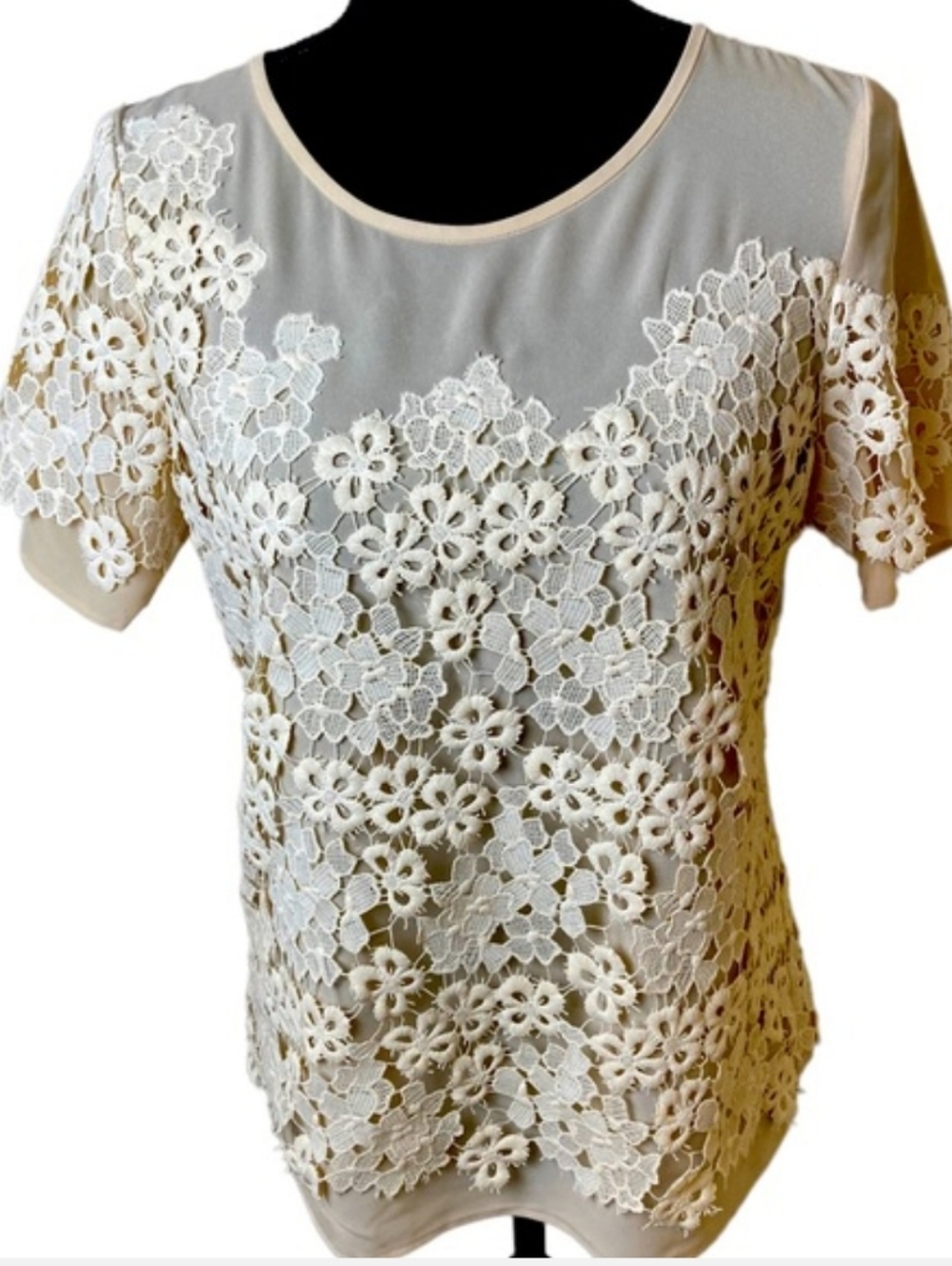 Sundance  Love In A Mist Floral Crochet Lace Overlay Top Cream Beige Sz S